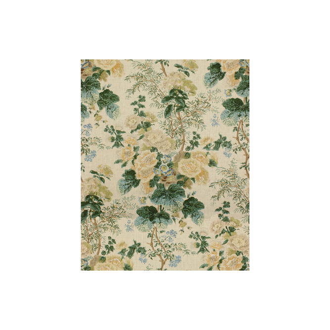 Lee Jofa Hollyhock Hand Block Linen Lemon/Aqua Fabric