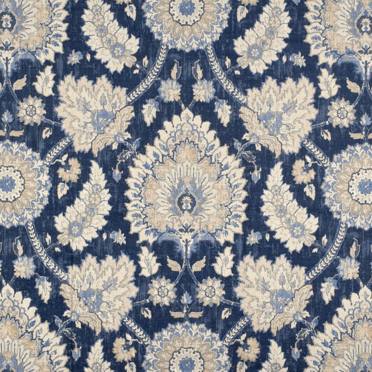 Indigo Blue and White Floral Print Upholstery Fabric by The Yard