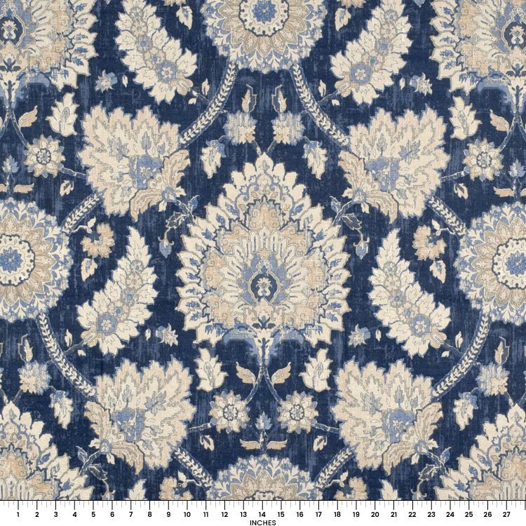 Indigo Blue and White Floral Print Upholstery Fabric by the Yard