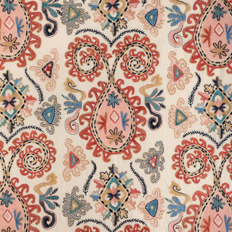 Brunschwig &amp; Fils Lavali Embroidery Coral/Sky Fabric