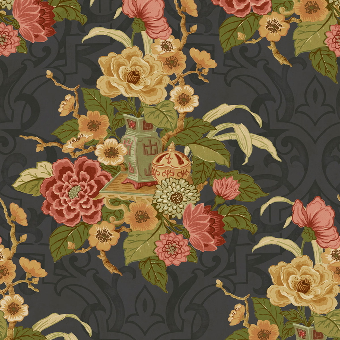 Seabrook Designs Dynasty Floral Metallic Ebony Wallpaper image 1 of 2