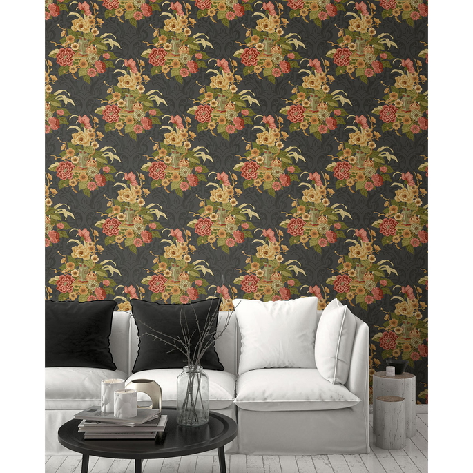 Seabrook Designs Dynasty Floral Metallic Ebony Wallpaper image 2 of 2