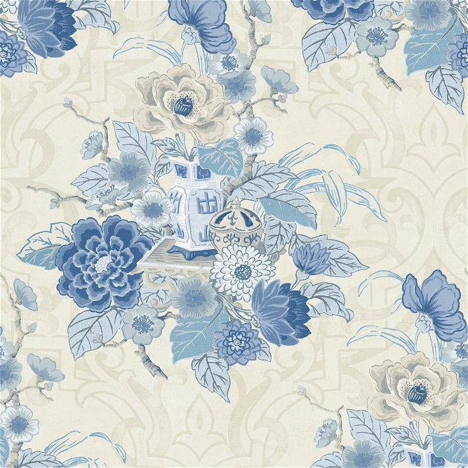 Seabrook Designs Dynasty Floral Metallic Linen &amp; Blue Wallpaper