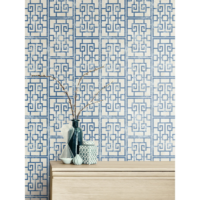Seabrook Designs Dynasty Lattice Metallic Pearl &amp; Azure Blue Wallpaper image 2 of 2