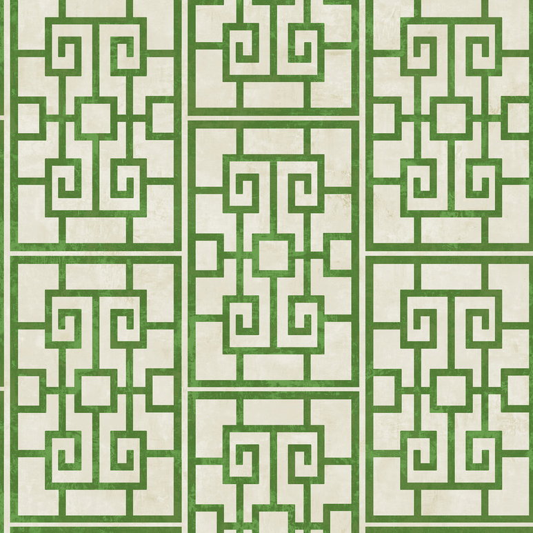 Seabrook Designs Dynasty Lattice Metallic Pearl &amp; Emerald Green Wallpaper