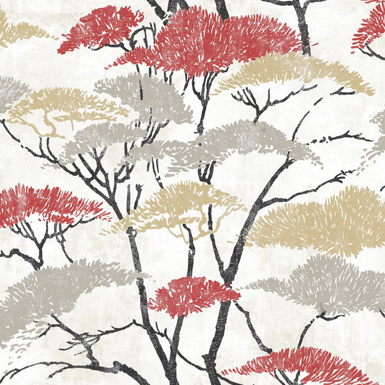 Seabrook Designs Confucius Tree Metallic Gold &amp; Crimson Wallpaper