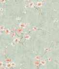 Seabrook Designs Silk Road Dogwood Metallic Mint & Pink Wallpaper