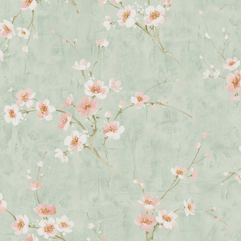Seabrook Designs Silk Road Dogwood Metallic Mint &amp; Pink Wallpaper