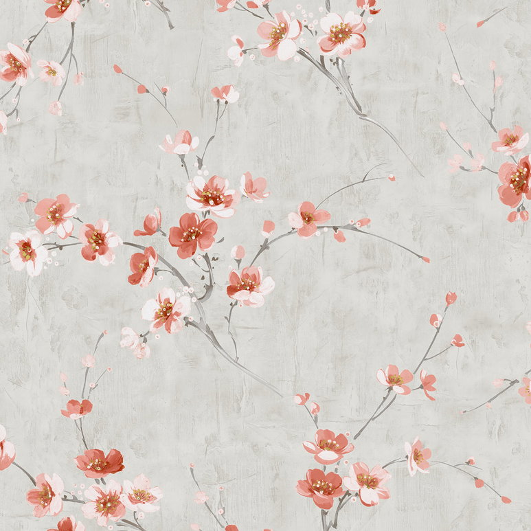 Seabrook Designs Silk Road Dogwood Metallic Silver &amp; Strawberry Wallpaper