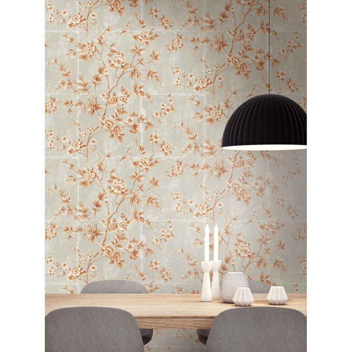 Seabrook Designs Great Wall Floral Metallic Orange &amp; Gray Wallpaper image 2 of 2