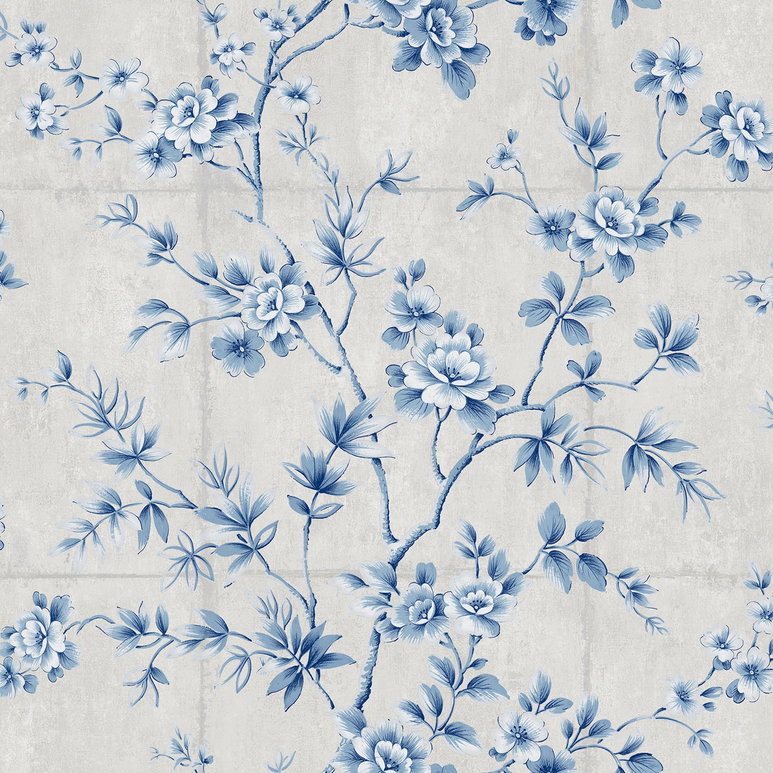 Seabrook Designs Great Wall Floral Metallic Silver &amp; Sky Blue Wallpaper