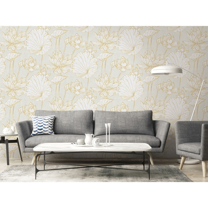 Seabrook Designs Lotus Floral Metallic Gold &amp; Off-White Wallpaper image 2 of 2