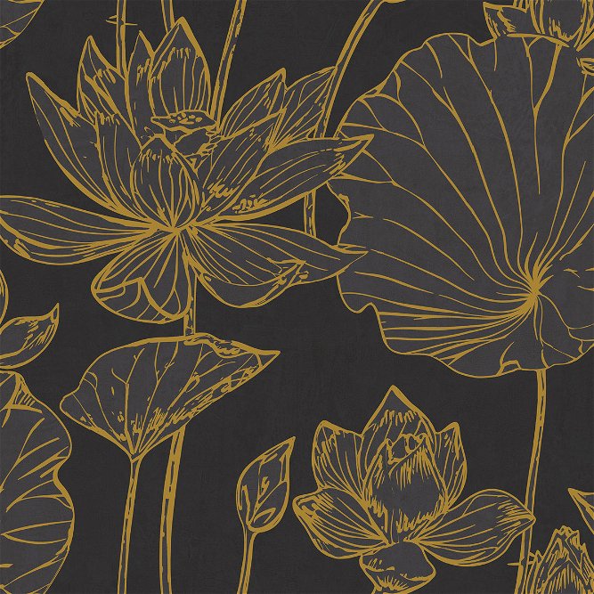 Seabrook Designs Lotus Floral Metallic Gold &amp; Ebony Wallpaper
