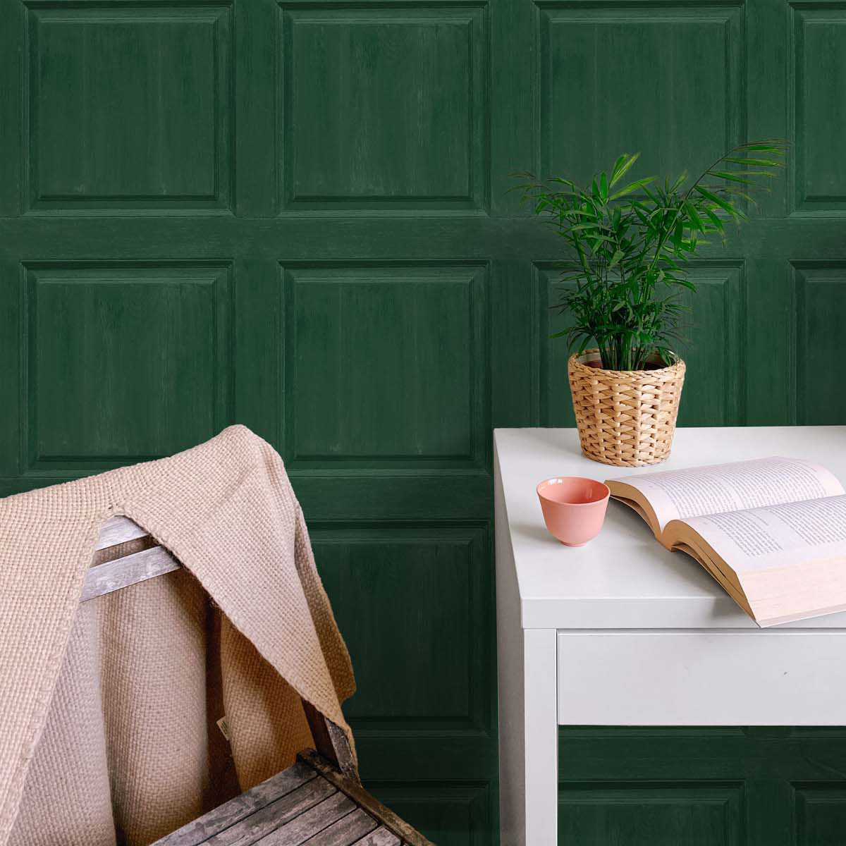 NextWall Peel & Stick Washed Faux Panel Emerald Green Wallpaper