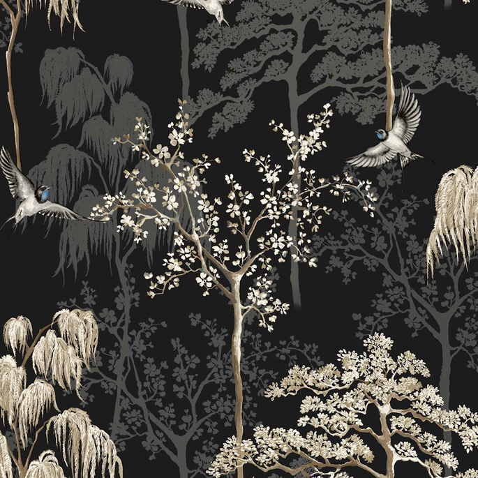 NextWall Peel &amp; Stick Bird Garden Black Wallpaper image 1 of 4
