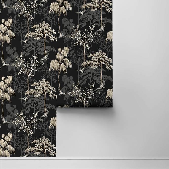 NextWall Peel &amp; Stick Bird Garden Black Wallpaper image 2 of 4