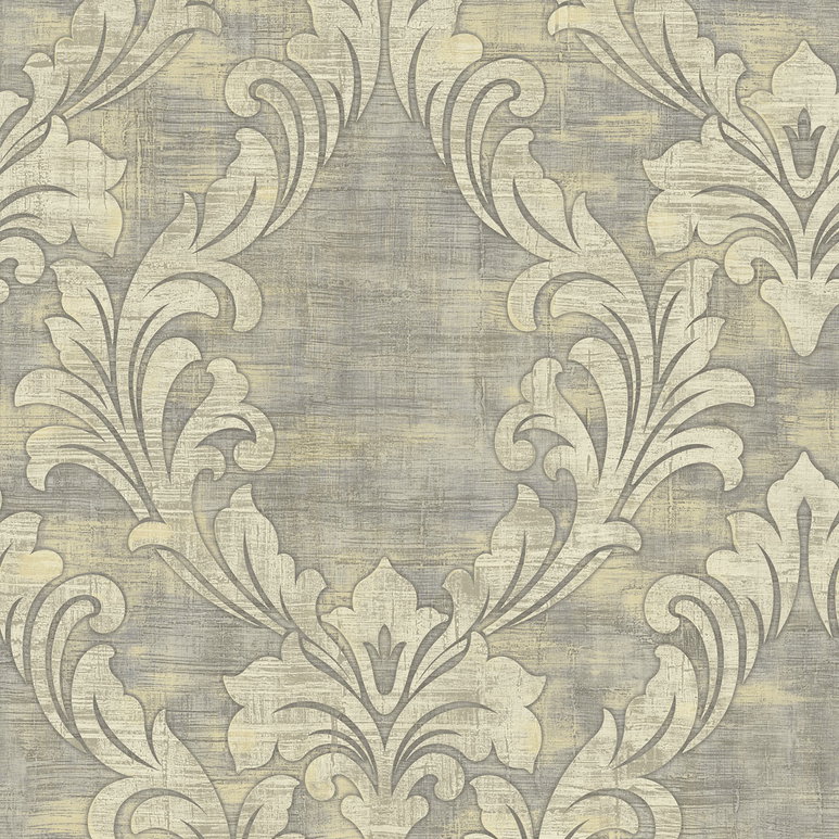 Seabrook Designs Kepler Damask Metallic Pearl &amp; Gray Wallpaper