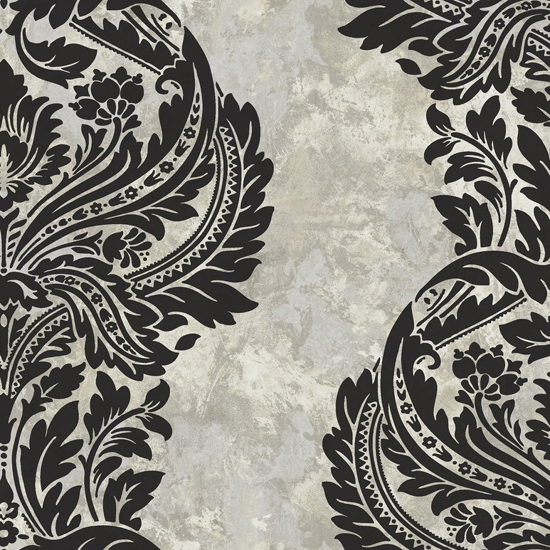 Seabrook Designs Newton Damask Black &amp; Greige Wallpaper