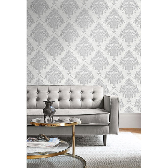 Seabrook Designs Puff Damask Off-White &amp; Silver Glitter Wallpaper image 2 of 2