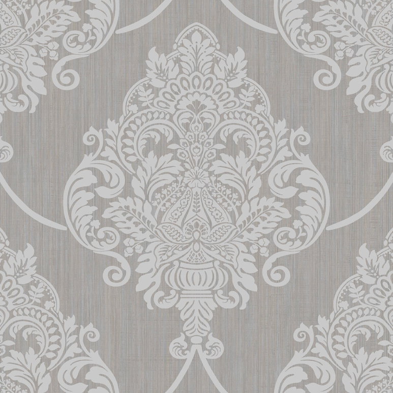 Seabrook Designs Puff Damask Metallic Silver Glitter &amp; Tan Wallpaper