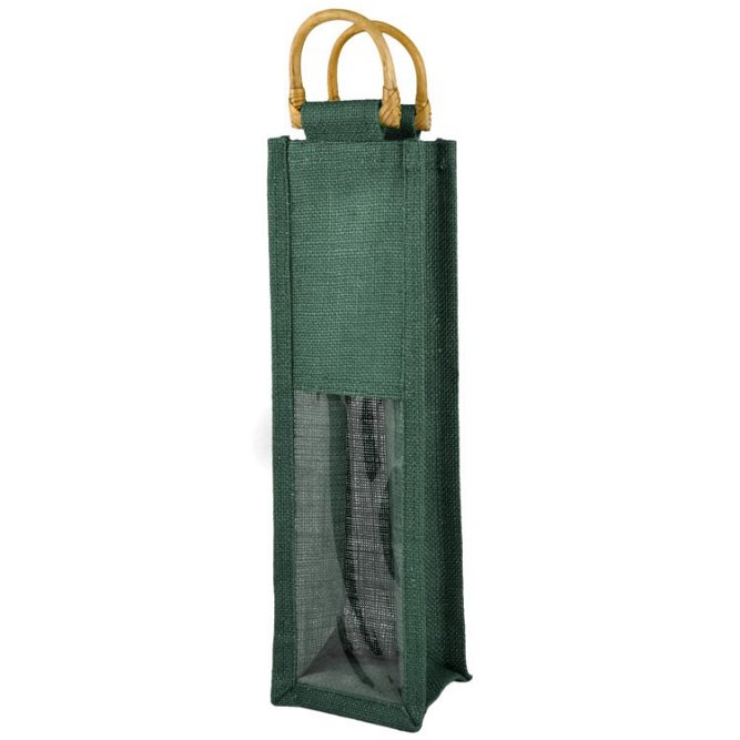 Hunter Green Jute Wine Bags With Wooden Handles - 5 Pack