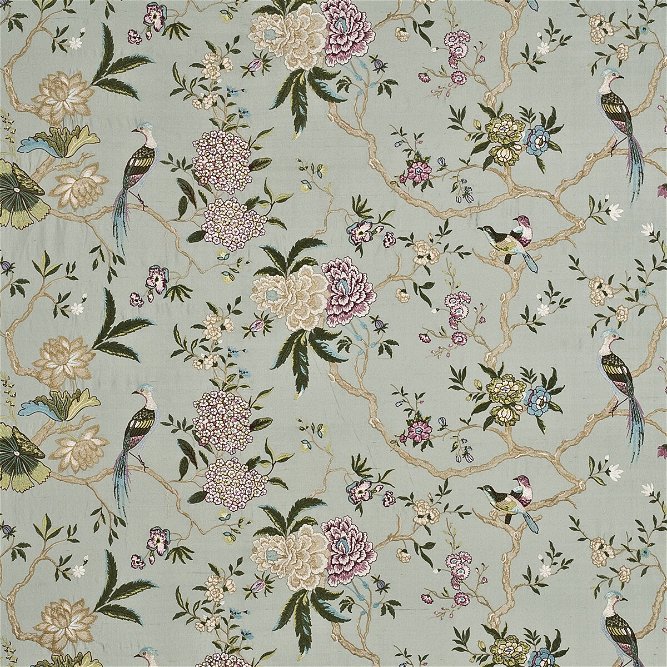 GP &amp; J Baker Oriental Bird Embroidery Silk Aqua/Multi Fabric