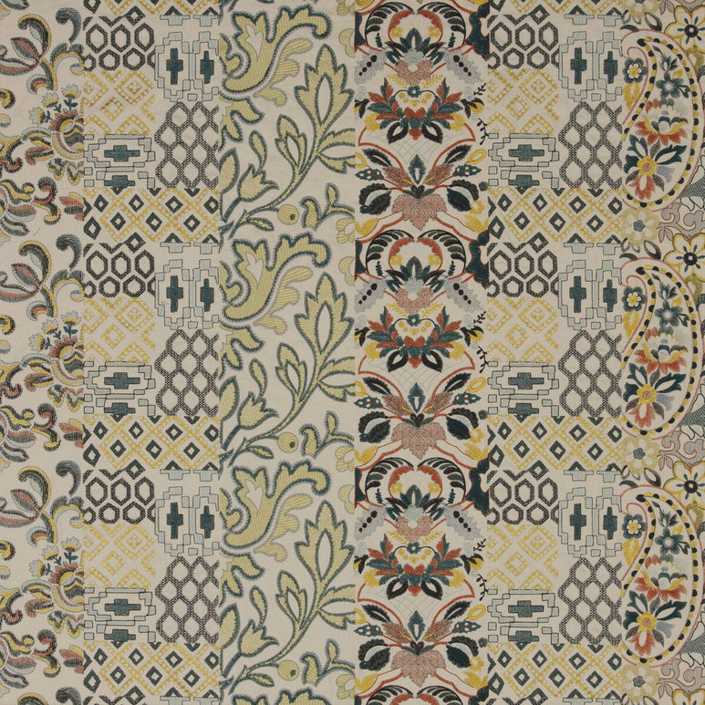 GP &amp; J Baker Queen's Sampler Amber/Emerald Fabric