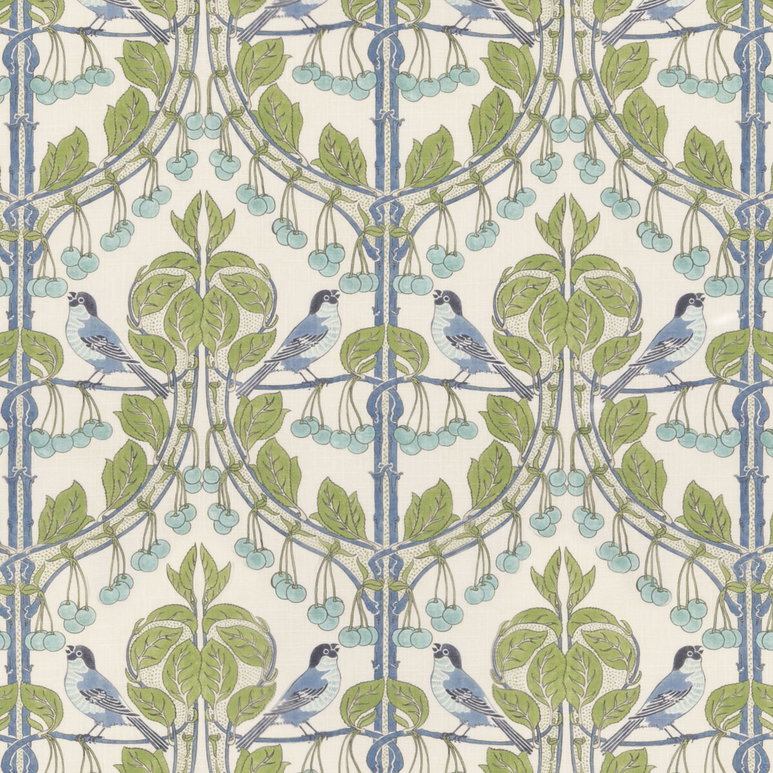 GP &amp; J Baker Birds &amp; Cherries Green/Blue Fabric