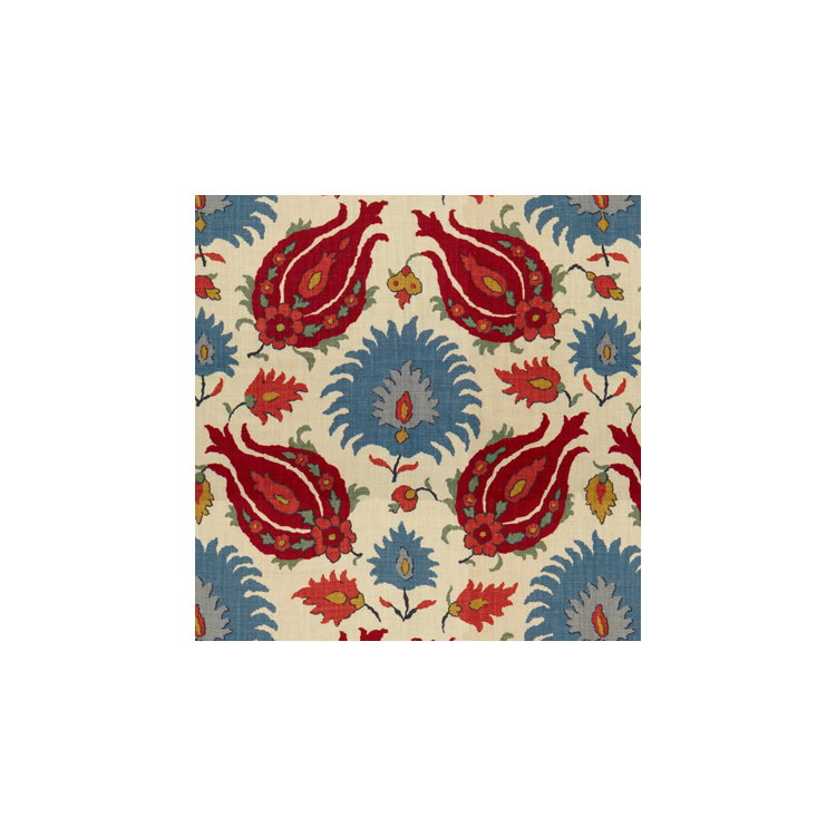 Brunschwig &amp; Fils Kashmiri Linen Print Pomegranate/Blue Fabric