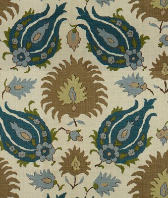 Brunschwig & Fils Kashmiri Linen Print Teal Blue/Taupe Fabric