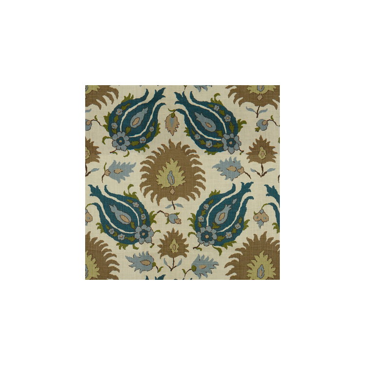 Brunschwig &amp; Fils Kashmiri Linen Print Teal Blue/Taupe Fabric