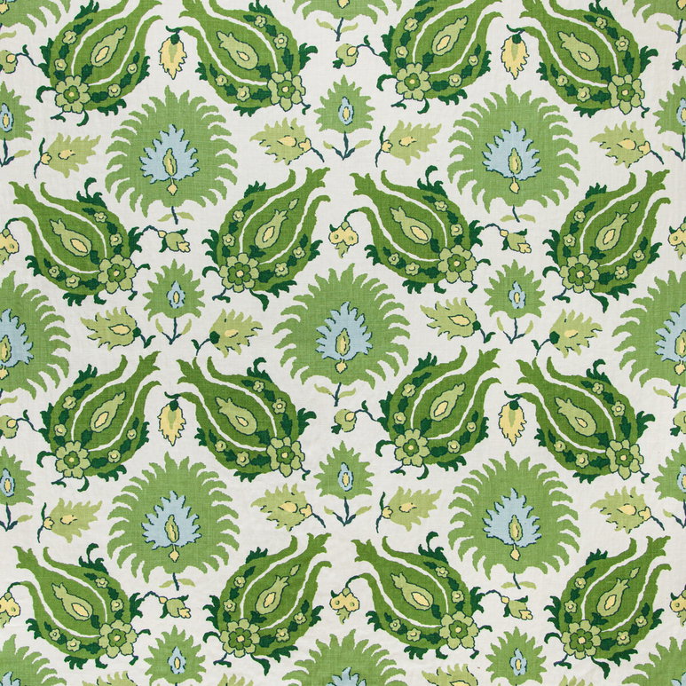 Brunschwig &amp; Fils Kashmiri Linen Print Leaf/Aloe Fabric
