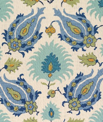 Brunschwig & Fils Kashmiri Linen Print Peridot/Aquamarine Fabric