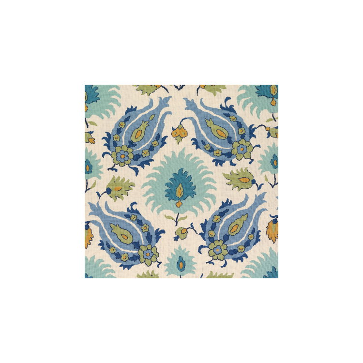 Brunschwig &amp; Fils Kashmiri Linen Print Peridot/Aquamarine Fabric
