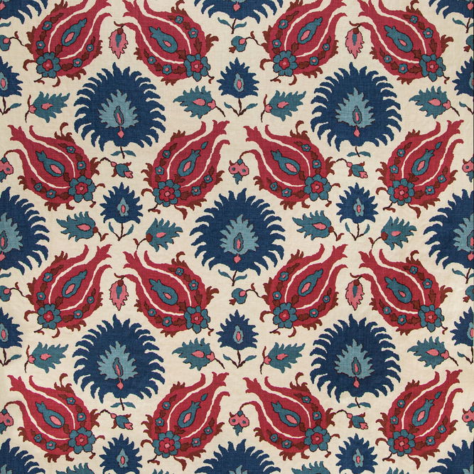 Brunschwig &amp; Fils Kashmiri Linen Print Navy/Berry Fabric