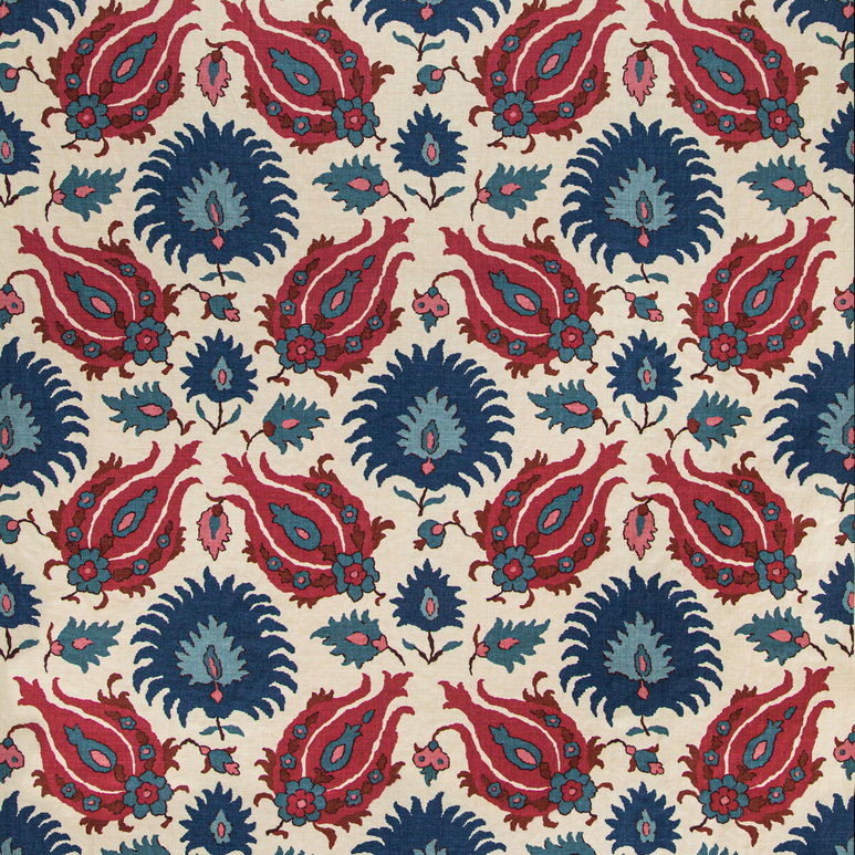 Brunschwig &amp; Fils Kashmiri Linen Print Navy/Berry Fabric