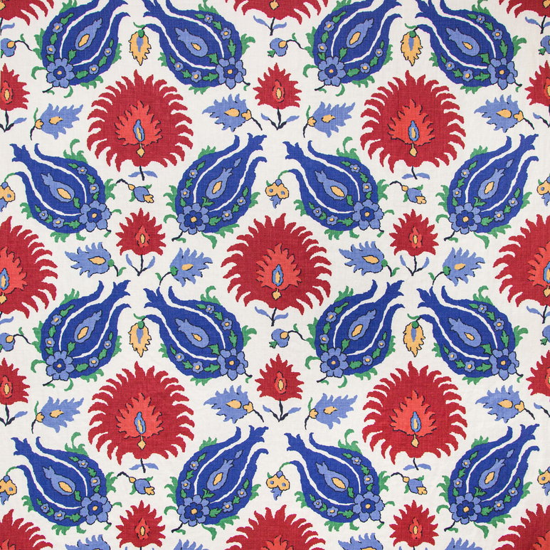 Brunschwig &amp; Fils Kashmiri Linen Print Blue/Red Fabric