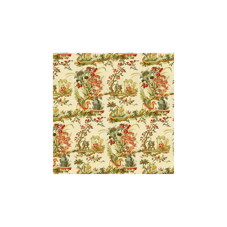 Brunschwig &amp; Fils Le Lac Linen Print Teal and Melon/Cream Fabric