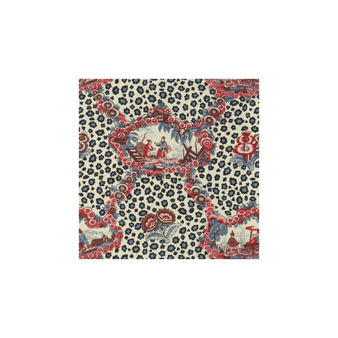 Brunschwig &amp; Fils Chinese Leopard Toile Shades of Red &amp; Blue Fabric