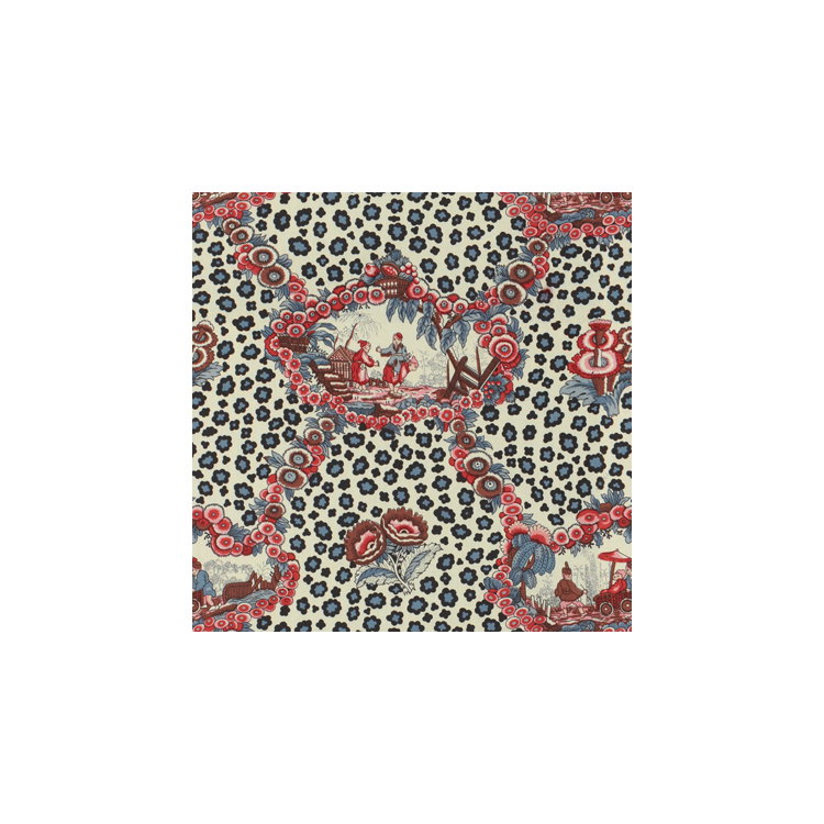 Brunschwig &amp; Fils Chinese Leopard Toile Shades of Red &amp; Blue Fabric