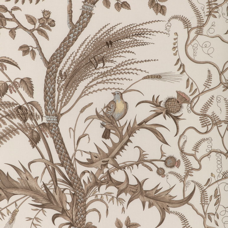 Brunschwig &amp; Fils Bird And Thistle Cotton Print Beige Fabric