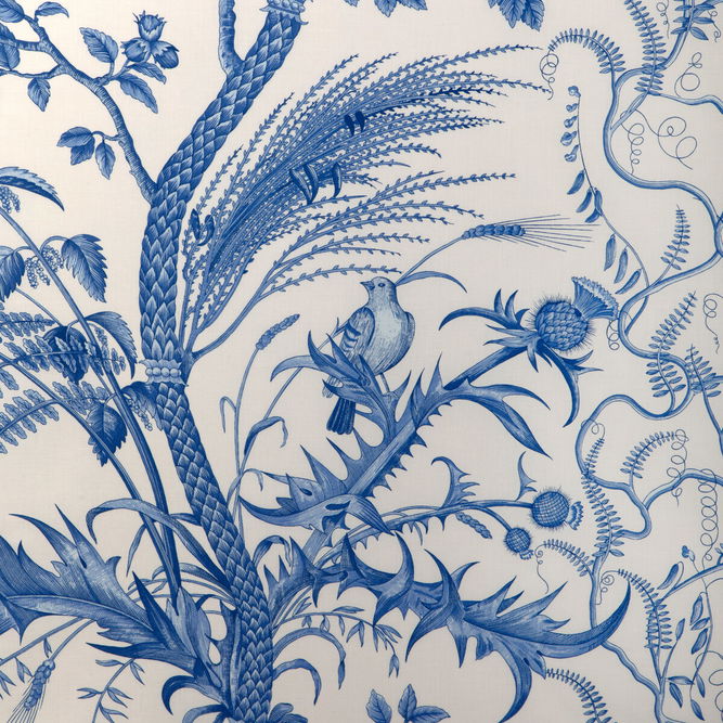Brunschwig &amp; Fils Bird And Thistle Cotton Print Blue Fabric