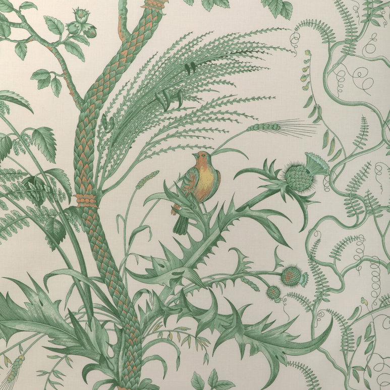 Brunschwig &amp; Fils Bird And Thistle Cotton Print Green Fabric