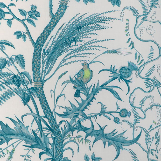 Brunschwig &amp; Fils Bird And Thistle Cotton Print Aqua Fabric