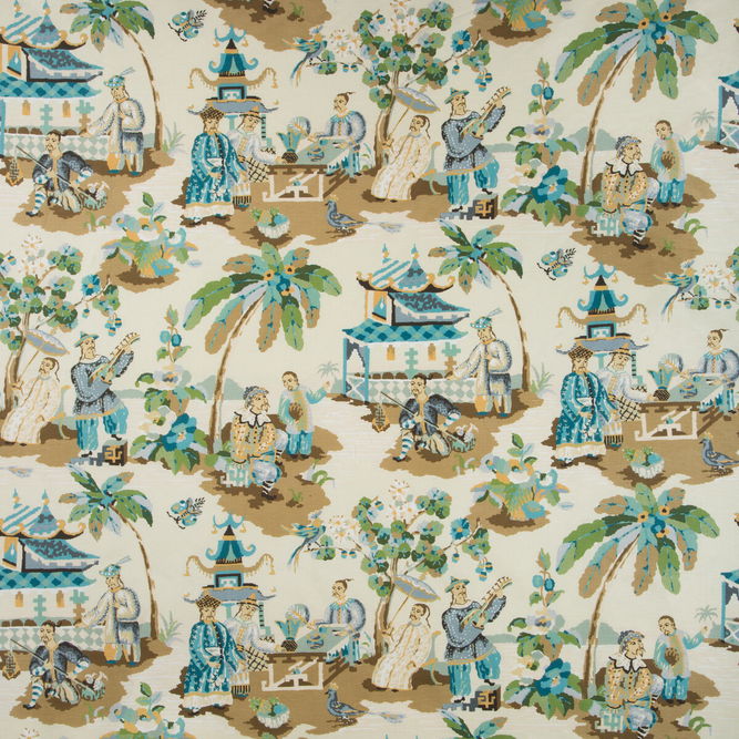 Brunschwig &amp; Fils Xian Linen &amp; Cotton Print Seafoam/Sand Fabric