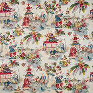 Brunschwig & Fils Xian Linen & Cotton Print Prussian/Red Fabric