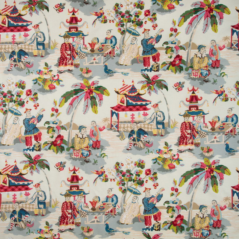 Brunschwig &amp; Fils Xian Linen &amp; Cotton Print Prussian/Red Fabric