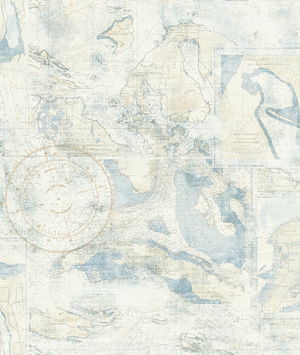 Seabrook Designs Nantucket Map Sandy Blue Wallpaper