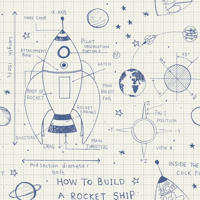 Seabrook Designs Rocket Ship White &amp; Navy Wallpaper image 1 of 2