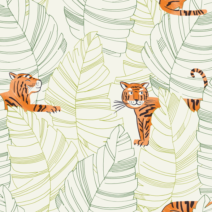 Seabrook Designs Hiding Tigers Green &amp; Orange Wallpaper image 1 of 2